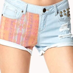 tribal print studded distressed raw hem Jeans